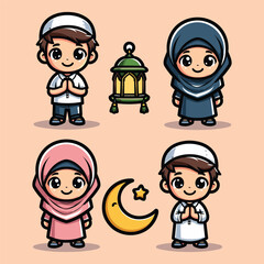 Free vector cute Muslim Eid Fitr celebrating greeting