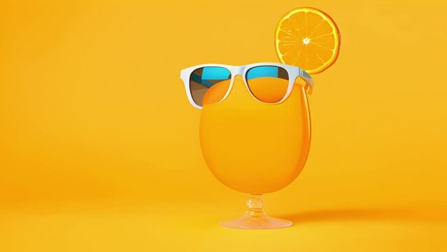 A cheeky set of sunglasses set atop a bright orange juice glass with a fun little straw poking out of the arm.