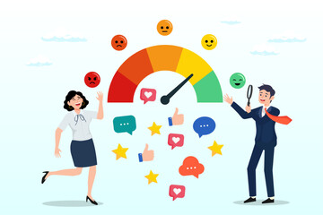 Business people analyse social sentiment dashboard, sentiment analysis on customer feedback, brand reputation or positive review, social voice, rating or opinion report, reaction or survey (Vector)