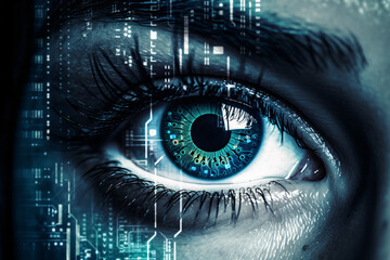 A human eye enhanced with technology, depicting the concept of artificial intelligence or online surveillance