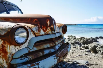Fototapeten A vintage car slowly rusting away on a beach. © Nicole