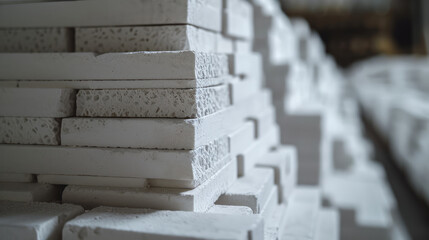Close-up of a stack of white paving tiles in a warehouse. Production and sale of stone paving tiles for street flooring. Construction industry, building materials.