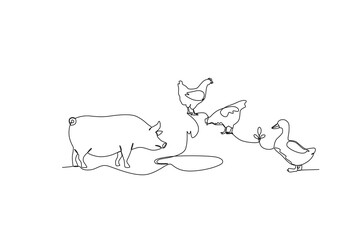One single line drawing of Pigs,chickens and geese on the farm. Mascot emblem concept for animal husbandry image. Modern continuous line graphic draw design vector illustration