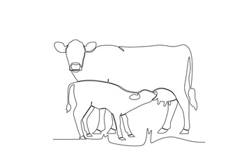 One single line drawing of Cows nursing their calves. Mascot emblem concept for animal husbandry image. Modern continuous line graphic draw design vector illustration