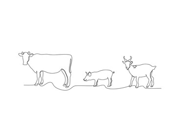 One single line drawing of Farm shed and cars. Mascot emblem concept for animal husbandry image. Modern continuous line graphic draw design vector illustration