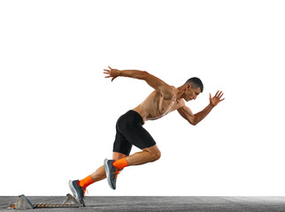 Dynamic movement. Athletic man, professional jogger, runner quickly running in motion to be first...