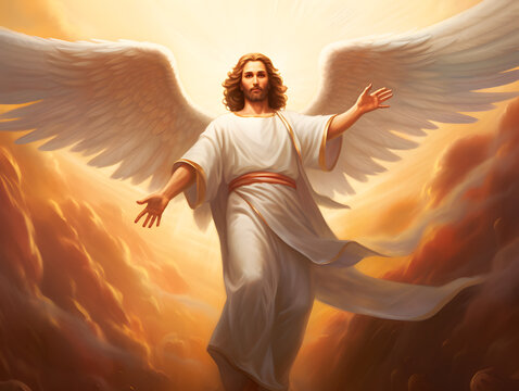 Resurrected Jesus Christ with wings ascending to heaven. God, Heaven and Second Coming concept