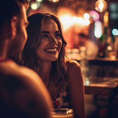 a beutiful woman sitting in a bar smiling