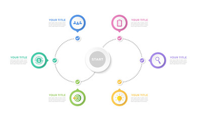 Business timeline workflow infographic and 6 selected steps with business icons.