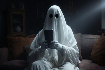 A ghost sitting on the sofa texting on a smartphone depicting the concept of ghosting - obrazy, fototapety, plakaty