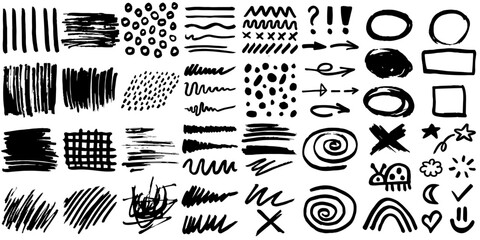 Grunge crayon or marker doodle scribbles. Bold charcoal freehand stripes, crazy hatches and paint shapes: ovals, rectangles, stars and crosses. Each vector element is united and isolated.
