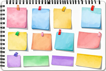 watercolor set of list sheet digital cute sticky notes memo, design elemen on white - obrazy, fototapety, plakaty