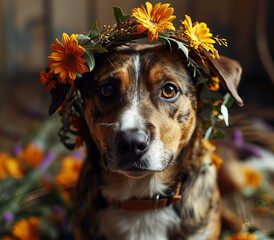 jack russell terrier in autumn leaves, dog with flowers crown, autumn leafs crowns wide picture, Valentine day, Mother day