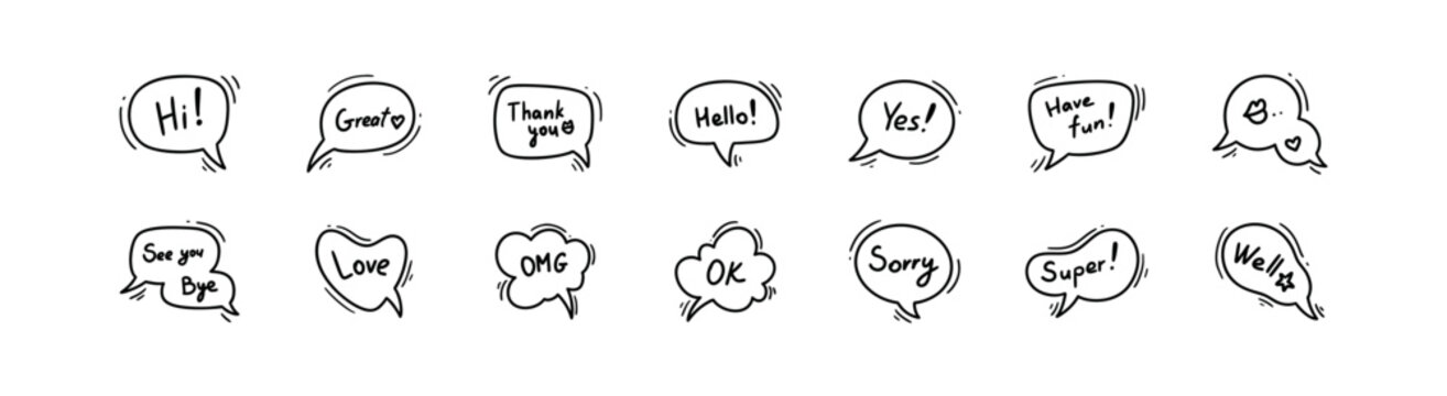 Doodle speech balloon with text. Cute line manga style cloud illustration. Hand drawn comic talk bubble frames. Line vector icons. Simple designed dialog box