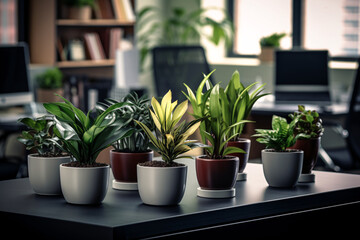 A green potted plant in an office, making the office environment more pleasant