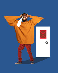 African-American man crying neat to closed door. Racism problems. Conceptual design. Contemporary...