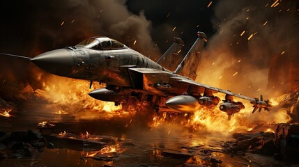 jet on war zone fire background