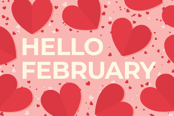 hello february text red hearts; Valentine' Day concept- vector illustration - obrazy, fototapety, plakaty