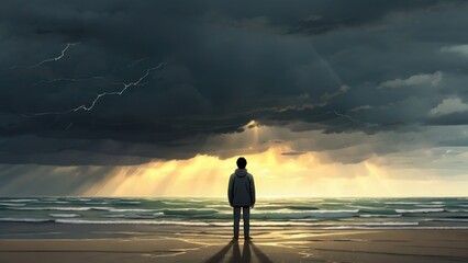 A person standing on a beach, with storm clouds and sunshine alternating overhead, symbolizing the unpredictable and fluctuating nature of bipolar Psychology art concept - obrazy, fototapety, plakaty