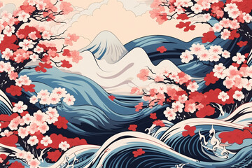 Trees and water Japanese style art background wallpaper, illustration for postcards or web design