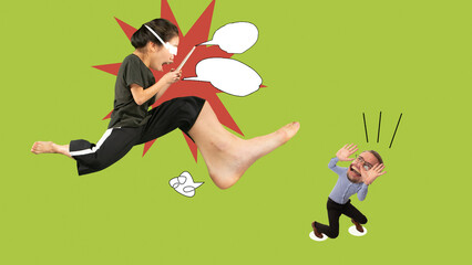 Woman showing domination over man, challenging traditional gender norms. Conceptual design....