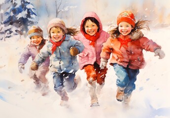 Four happy little girls running outdoors in a winter day