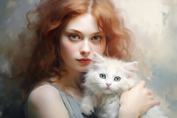 An oil portrait of a young woman holding a white kitten in her hands.
