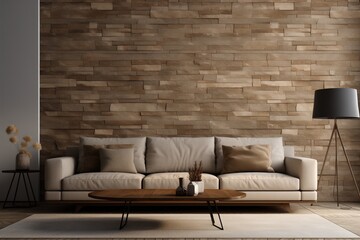 Room featuring a stone-textured paneling wall with a beige sofa