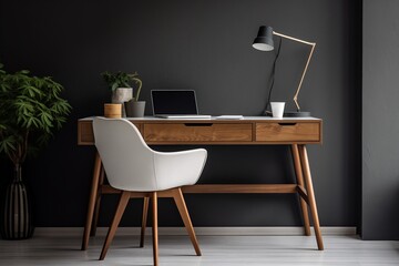 Office space with a white chair at a wooden drawer, designed for focused writing