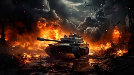 tank on war zone fire and smoke in the desert background - obrazy, fototapety, plakaty