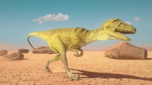 Dinosaur running walking in desert 3D animation realistic HD motion graphics jurassic