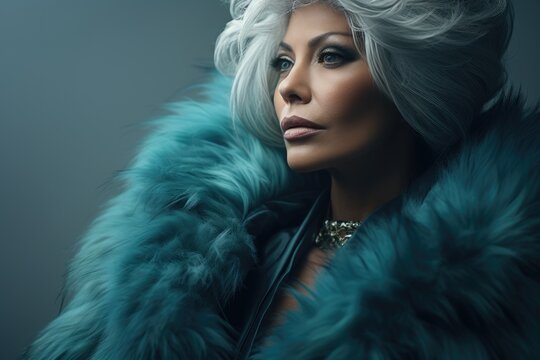 woman 50 years old in a luxurious fur coat. female fashion model in a blue fox fur coat. Perfect makeup and accessories. Beautiful luxury winter lady.