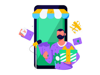 Holiday shopping people doing e-commerce online shopping flat vector concept operation hand drawn illustration
