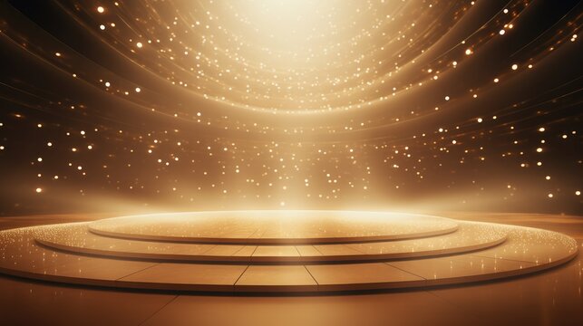 Golden podium for product presentation vector illustration. Abstract empty golden platform with rays, shiny confetti, sparkling rain falling from above background
