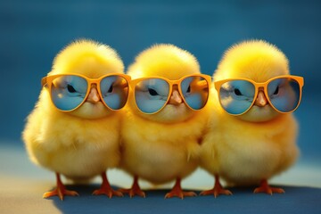 chickens in sunglasses on a studio background. - obrazy, fototapety, plakaty