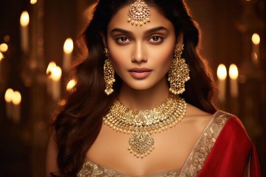 Beautiful indian woman wearing traditional gold jewelery