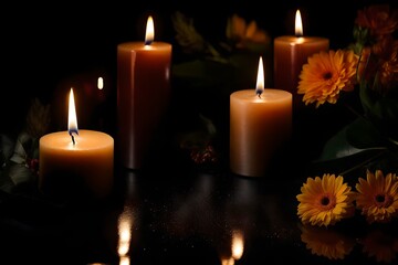 burning candles at dark and yellow flower inside
