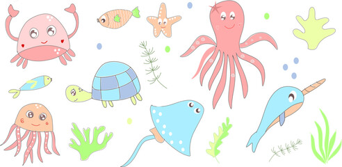 Set with drawn elements of sea creatures. Vector cartoon sea characters for design, wallpaper, stickers.