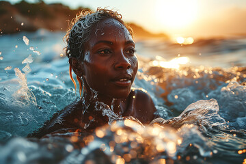Beautiful woman in sea water with splash on face under gold sunlight