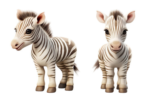 Set of 3d zebra cartoon standing, isolated on transparent of white background