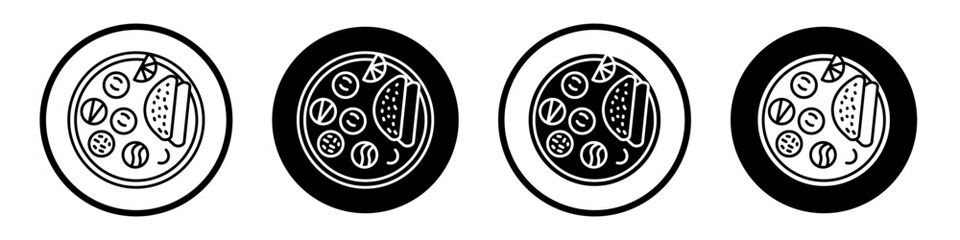 Indian thali icon set. asia lunch dish vector symbol in black filled and outlined style.