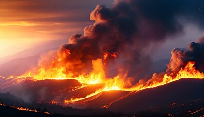 paisagem pegando fogo, aquecimento global, queimada, poluição - obrazy, fototapety, plakaty