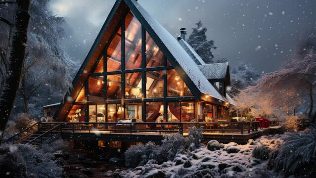 A cozy A-frame cabin retreat in a winter wonderland while it's snowing.