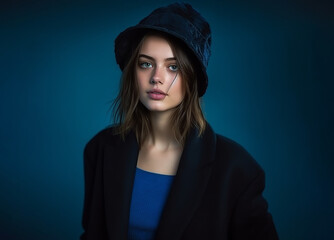 Beautiful young English girl, wearing a dark hat, a black coat, and a blue shirt