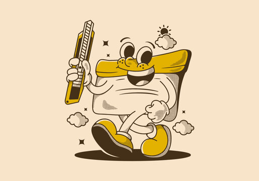 Squeegee mascot character holding a blade, vintage style