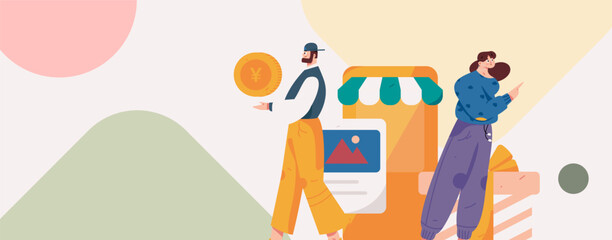 Holiday shopping people doing e-commerce online shopping flat vector concept operation hand drawn illustration
