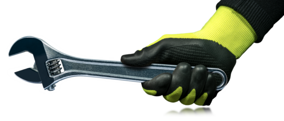 Manual worker with protective work gloves holding a stainless steel adjustable wrench, isolated on white or transparent background with reflections. Png.