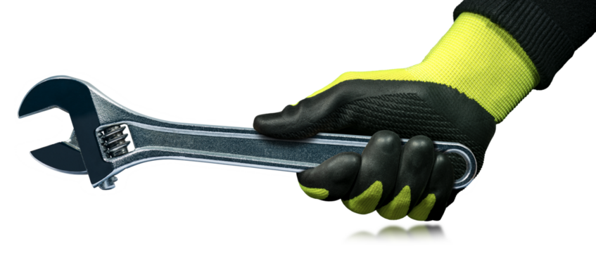 Manual worker with protective work gloves holding a stainless steel adjustable wrench, isolated on white or transparent background with reflections. Png.