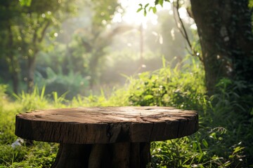 New Life Emerges: A Lone Sapling Sprouting on a Sunlit Wooden Stump in a Serene Forest
