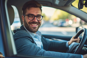 Fototapeta na wymiar A smiling, bespectacled man contentedly driving his car through the urban landscape, exuding confidence and ease